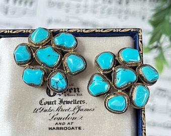 Chinese Export Silver Gilt & Irregular Turquoise Cluster Clip On Earrings Bezel Set Unsigned Vintage