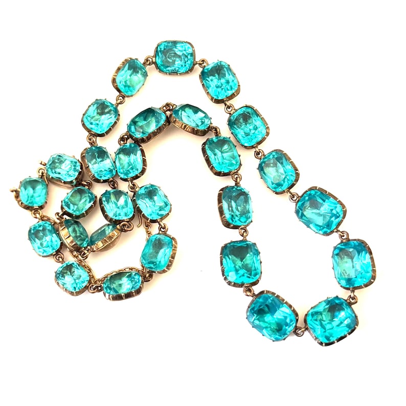 Fine Antique 9ct Yellow Gold Turquoise Blue Green Paste Riviere Necklace Late Georgian/ Early Victorian, Antique Period Jewellery Collet Set image 9