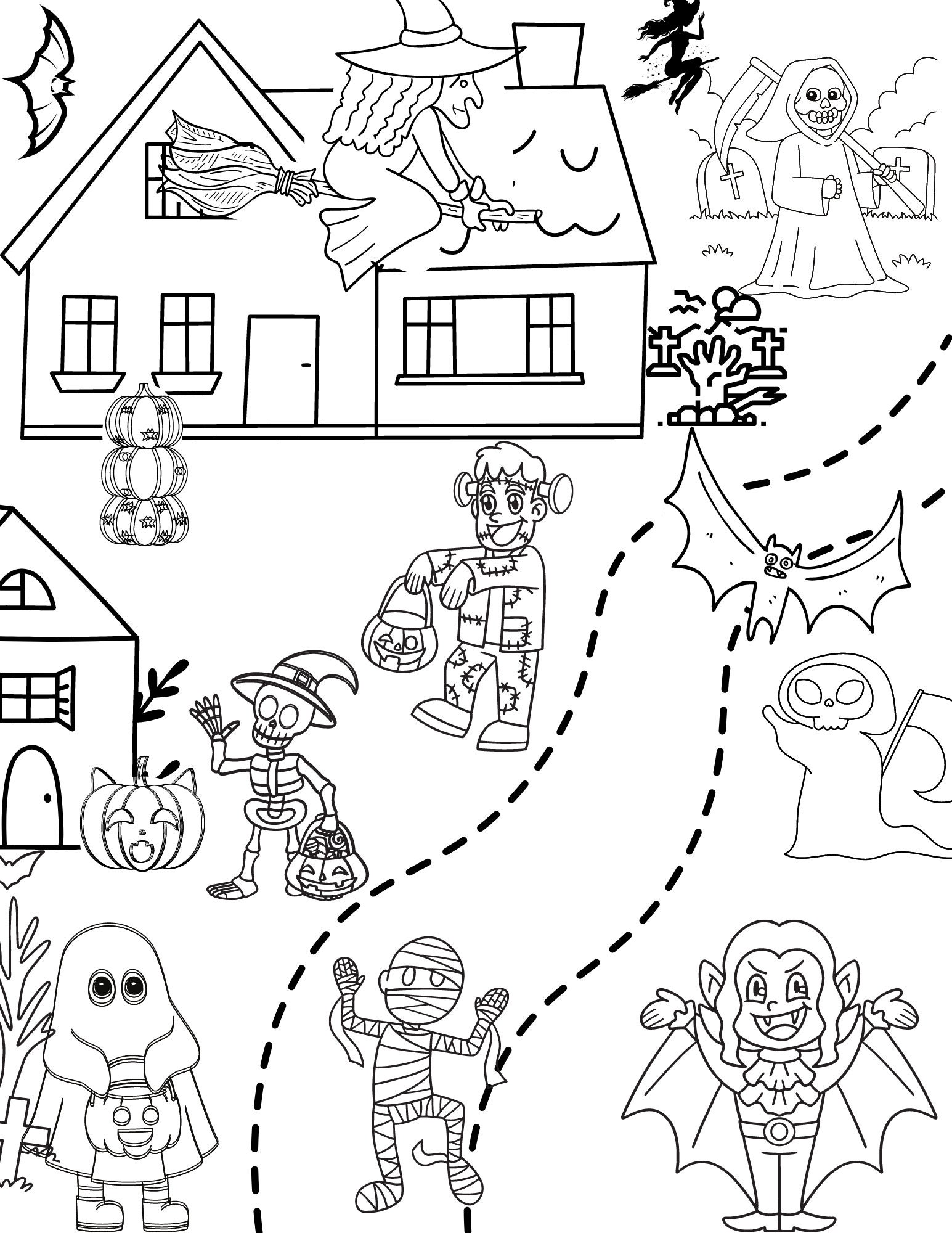 Halloween Coloring Sheet Printable Hallowe'en Motif - Etsy