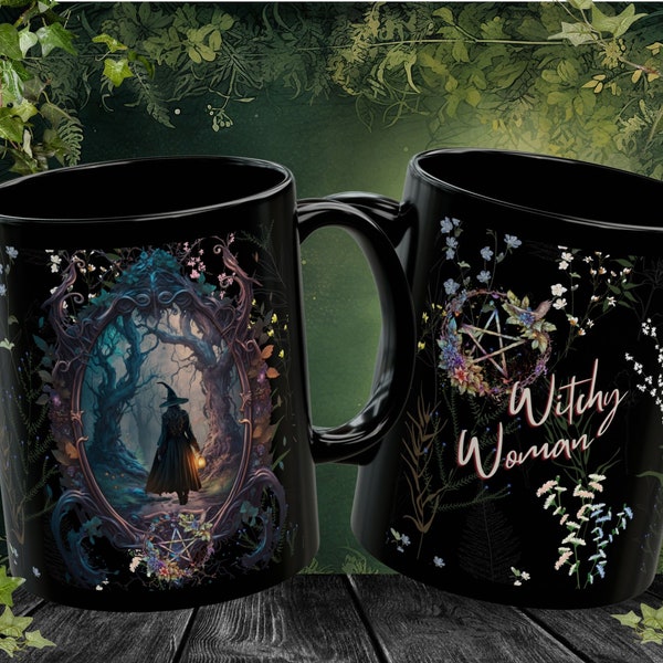 Witchy Woman in Dark Forest 11oz  or 15oz, Coffee Mug, Botanical Dark Forest, Magical Mirror Pentagram Mug