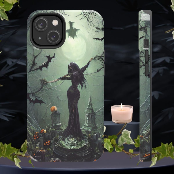 Witchy Woman Eerie Graveyard Scene, I Phone Case, Creepy Moonlit Forest Witch Phone Case