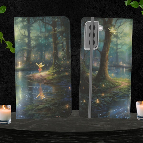 Enchanted Forest, Ethereal Fairy Samsung Galaxy Phone Wallet, Vibrant Colors Whimsical Glowing Night Fairies, Android Folio Case
