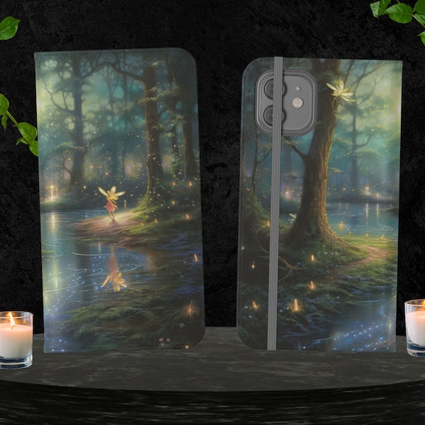 Enchanted Forest, Watercolor Ethereal Fairy I-phone Wallet, Vibrant Colors Whimsical Glowing Night Fairies, Phone Folio Case