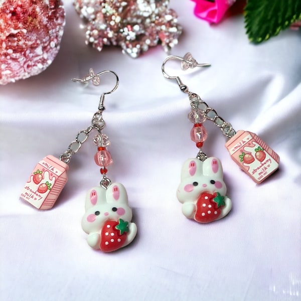 Hase mit Erdbeere Ohrring,  Bunny, Kawaii, Geschenk,  Damen, Kinder