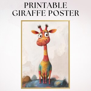 Giraffe Cartoon Printable Art, Giraffe Wall Art for Nursery, Playful Animal Wall Decor, Safari Animal Printable Poster, Baby Room Decor Art