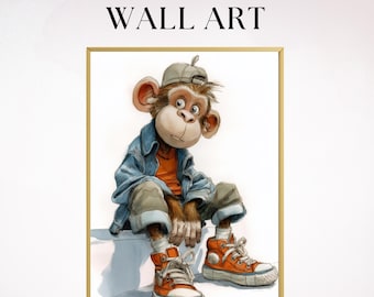 Cartoon Monkey Printable Poster, Quirky Animal Wall Art for Kids Digital Download, Nursery Decor