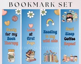 Retro Flair Printable Bookmark Set, Book Lover Gift Digital Download, Bookworm Reading Present