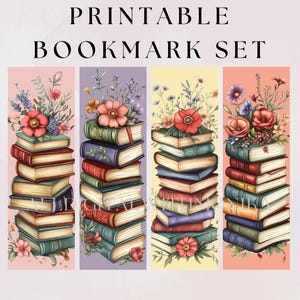 Stacked Books Printable Bookmark set, Floral Bookmarks for Book Lovers, Bookworm Printable gift idea, Reading enthusiast Digital Download
