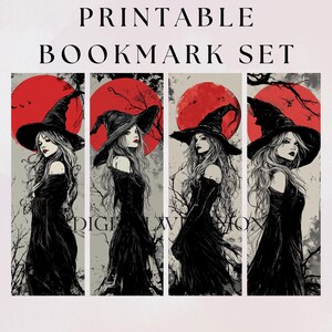 Gothic Halloween Witches Bookmark Printable Set, Book lover gift Digital Download, Bookworm Reading pdf