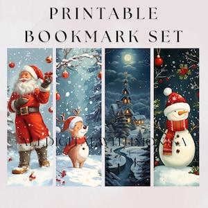May include: Printable bookmark set featuring four winter-themed designs. The bookmarks depict Santa Claus, a reindeer, a snowy village, and a snowman. Each bookmark has a unique winter scene with vibrant colors and festive details.