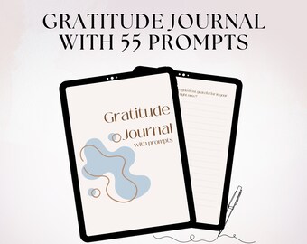 May include: A digital gratitude journal with 55 prompts. The journal is open to a page with a blue and brown abstract design and the text "Gratitude Journal with prompts".