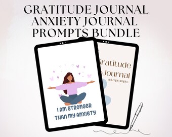 Anxiety & Gratitude Prompts Journal Bundle, Printable Mental Health Support, Mindfulness Gift Digital Download