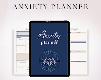 May include: A digital planner with a blue background and a white lotus flower design. The text "Anxiety planner" is written in a white cursive font. The planner is designed to help people manage their anxiety.