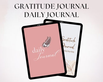 May include: Two digital tablet screens displaying a pink and white gratitude journal design. The pink screen features a butterfly and the text "daily journal". The white screen features the text "Gratitude Journal day by day".