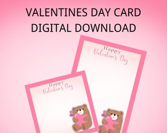 Valentine's Day Card Printable Valentines Card Digital Download Happy Valentines Day Cute Bear Motif Card Printable Happy Valentine's Day