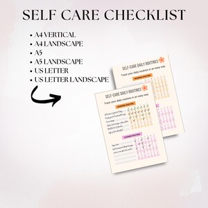 May include: A printable self-care checklist with a pink and peach color scheme. The checklist includes a daily routine tracker for morning and evening routines. The text on the checklist reads "Self-Care Daily Routines" and "Track your daily routines in an easy way."