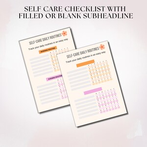 May include: Two printable self-care daily routines checklists with a floral design. The checklists are divided into morning and evening routines with space to track daily habits.