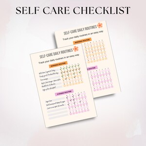 May include: A printable self-care checklist with a pink flower graphic. The checklist includes sections for morning, evening, and daily routines. Each section has a grid of squares for tracking daily habits.