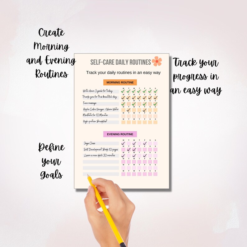May include: A printable self-care daily routine tracker with a pink flower graphic. The tracker has sections for morning and evening routines with checkboxes for 30 days. The text "Create Morning and Evening Routines" is at the top left and "Define your Goals" is at the bottom left. The text "Track your progress in an easy way" is at the top right.