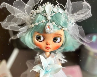 Blythe doll Blue Lily flower. Custom doll Blythe custom ooak. Blythe with short blue hair.Princess flower doll