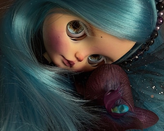 Blythe doll Black Orchid. Custom doll Blythe custom ooak. Blythe with long blue hair.Princess flower doll