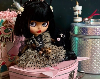 Blythe doll Kitty. Custom doll Blythe custom ooak. Blythe with short black hair.Princess doll. Kitten ,cat