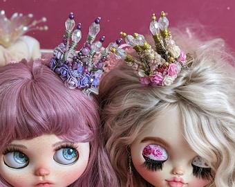 Crown on hairpin for blythe doll.Pink/Purple color.Flower little crown for doll.Headband,headdress