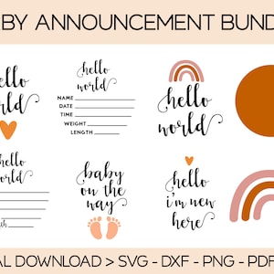 Baby Ankündigung Bundle SVG | Baby Ankündigung svg | hallo world svg | Geburt stats svg | Baby svg | Neugeborenen Zeichen svg | Regenbogen svg
