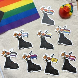 LGBTQ+ Pride Flag Combat Boot Bouquet Sticker, Boots and Flowers Sticker (Multiple Flag Options)