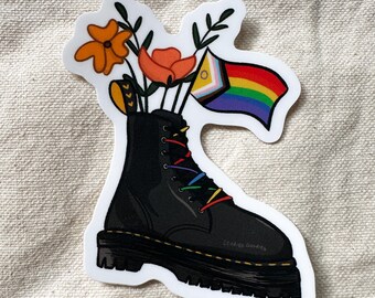LGBTQ+ Pride Flag Combat Boot Bouquet Sticker, Boots and Flowers Sticker (Multiple Flag Options)