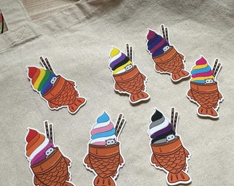 Subtle Pride Stickers, Rainbow Pride Taiyaki Ice Cream Stickers, LGBTQ+ Stickers (Holographic or Matte Vinyl Die Cut Stickers)