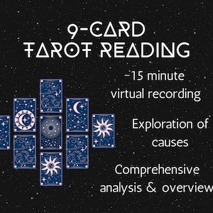 May include: A 9-card tarot reading with a black background and white stars. The cards are blue with white stars and moons. The text reads "9-CARD TAROT READING", "~15 minute virtual recording", "Exploration of causes", and "Comprehensive analysis & overview".
