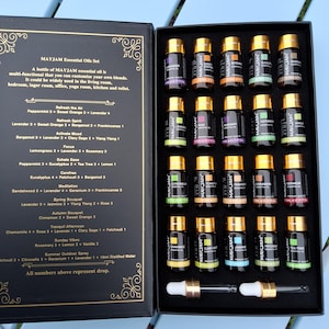 Puede incluir: Un juego de aceites esenciales MAYJAM en una caja negra. El juego incluye 16 botellas de vidrio pequeñas con tapas doradas, cada una etiquetada con una mezcla diferente de aceites esenciales. Se incluye un cuentagotas. El texto de la caja dice "MAYJAM Essential Oils Set".
