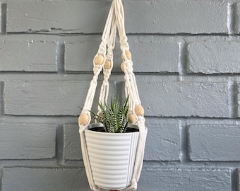 Macrame Plant Hanger with Wooden Beads, Boho Indoor Planter Holder, Handmade Cotton Rope Decor, Hanging Pot Holder Gift Idea