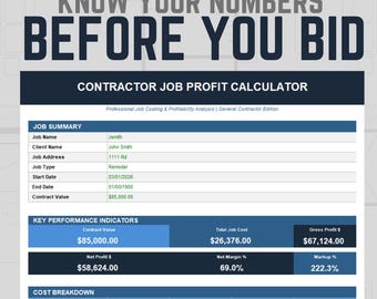 Calculadora de ganancias para contratistas / Hoja de cálculo de costos de construcción para contratistas generales / Descarga instantánea en Excel