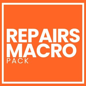 May include: An orange square with a white border contains the words "REPAIRS MACRO PACK" in bold, white capital letters. The text is centered within the square.