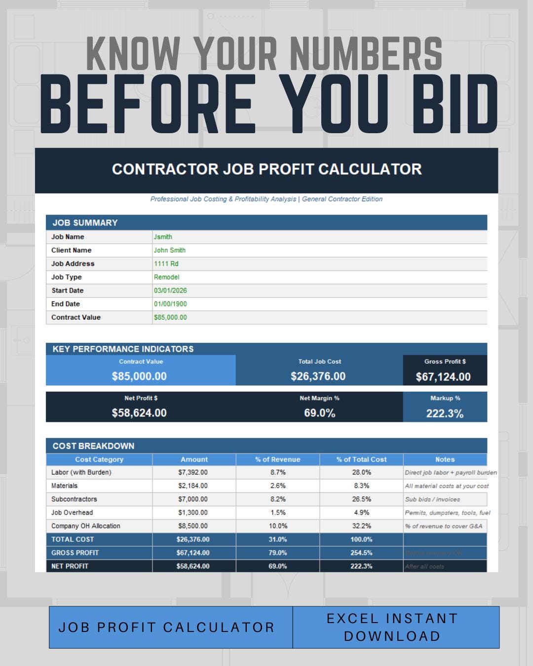 Contractor Job Profit Calculator | Construction Job Costing Spreadsheet ...