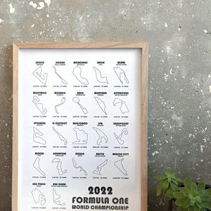 May include: A black and white illustration of the 2022 Formula One World Championship race tracks. The illustration shows the track layout for each race, along with the name of the race and the country it is held in. The text "2022 Formula One World Championship" is at the bottom of the illustration.