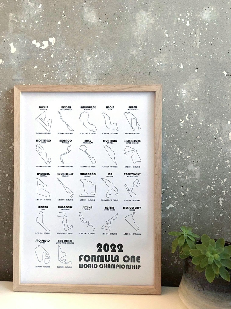May include: A black and white illustration of the 2022 Formula One World Championship race tracks. The illustration shows the track layout for each race, along with the name of the race and the country it is held in. The text "2022 Formula One World Championship" is at the bottom of the illustration.