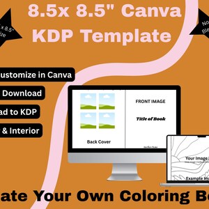 May include: An orange graphic promoting a KDP template for coloring books. The text includes "8.5 x 8.5" Canva KDP Template" and instructions to customize in Canva. A computer and laptop display book cover designs. The template size is 8.5 x 8.5 inches.