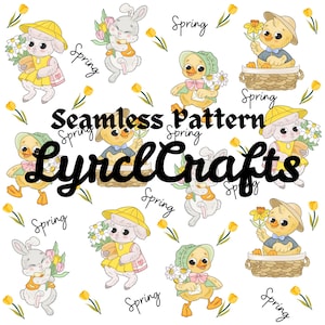 May include: A seamless pattern featuring cute cartoon animals, including a bunny, a duck, and a lamb, holding flowers and wearing spring-themed hats. The pattern is repeated throughout the image and includes the text "Spring" and "Lyric Crafts".
