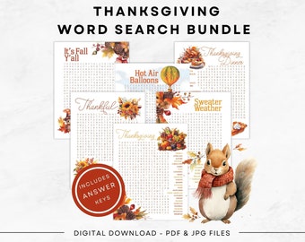 May include: A Thanksgiving word search bundle with five different puzzles featuring autumnal themes like "It's Fall Y'all", "Hot Air Balloons", "Thankful", "Thanksgiving", and "Sweater Weather". Each puzzle includes a colorful illustration and the words "Includes Answer Keys" are displayed in a red circle.