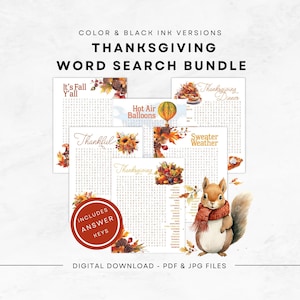 Autumn Word Search Bundle, Digital Download, Family Thanksgiving Activity, Print in Color/Black Ink | US Letter - Full/Half Pages