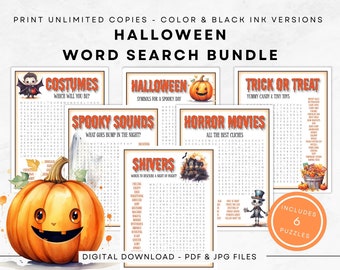 May include: A set of six Halloween-themed word search puzzles. The puzzles feature a variety of spooky themes, including costumes, spooky sounds, trick or treat, horror movies, and shivers. The puzzles are printed on white paper with black ink and feature a variety of Halloween-themed illustrations.