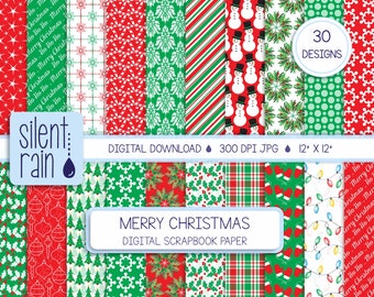 May include: A digital scrapbook paper set with 30 designs, featuring festive Christmas patterns in red and green. Designs include stars, snowflakes, snowmen, and plaid. The image includes the text "Merry Christmas" and "Digital Scrapbook Paper", and is 12" x 12".