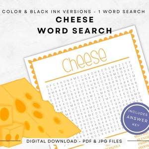 Cheese Word Search, Instant Download | Print in Color/Black Ink | US Letter - Full/Half Pages | Keep your Brain Sharp with Puzzles