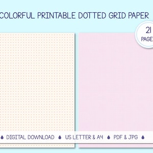 Puede incluir: Una descarga digital de 21 páginas imprimibles de papel cuadriculado punteado en dos colores: beige con puntos marrones y rosa con puntos morados. El papel es de tamaño US Letter y A4 y está disponible en formatos PDF y JPG.