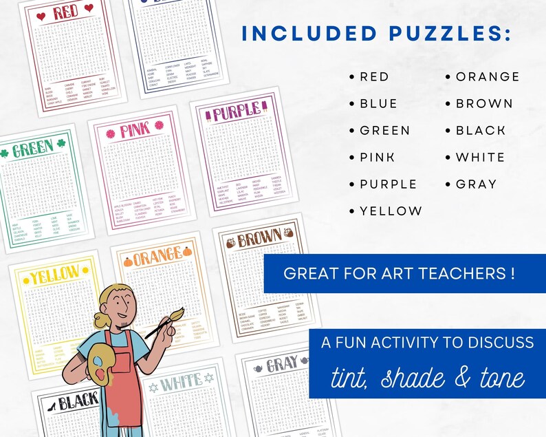 Shades of Color Word Search Bundle for Instant Download Art Teacher