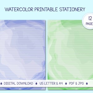 Watercolor Printable Stationery | Writing Paper for Instant Download | Digital Note Paper | Lined, Unlined | US Letter, A4