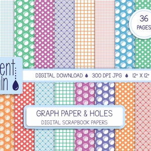 May include: A digital scrapbook paper set featuring various colorful patterns, including polka dots, grids, and circles. The image includes the text "GRAPH PAPER & HOLES" and "DIGITAL SCRAPBOOK PAPERS". The papers are 12" x 12" and include 36 pages.
